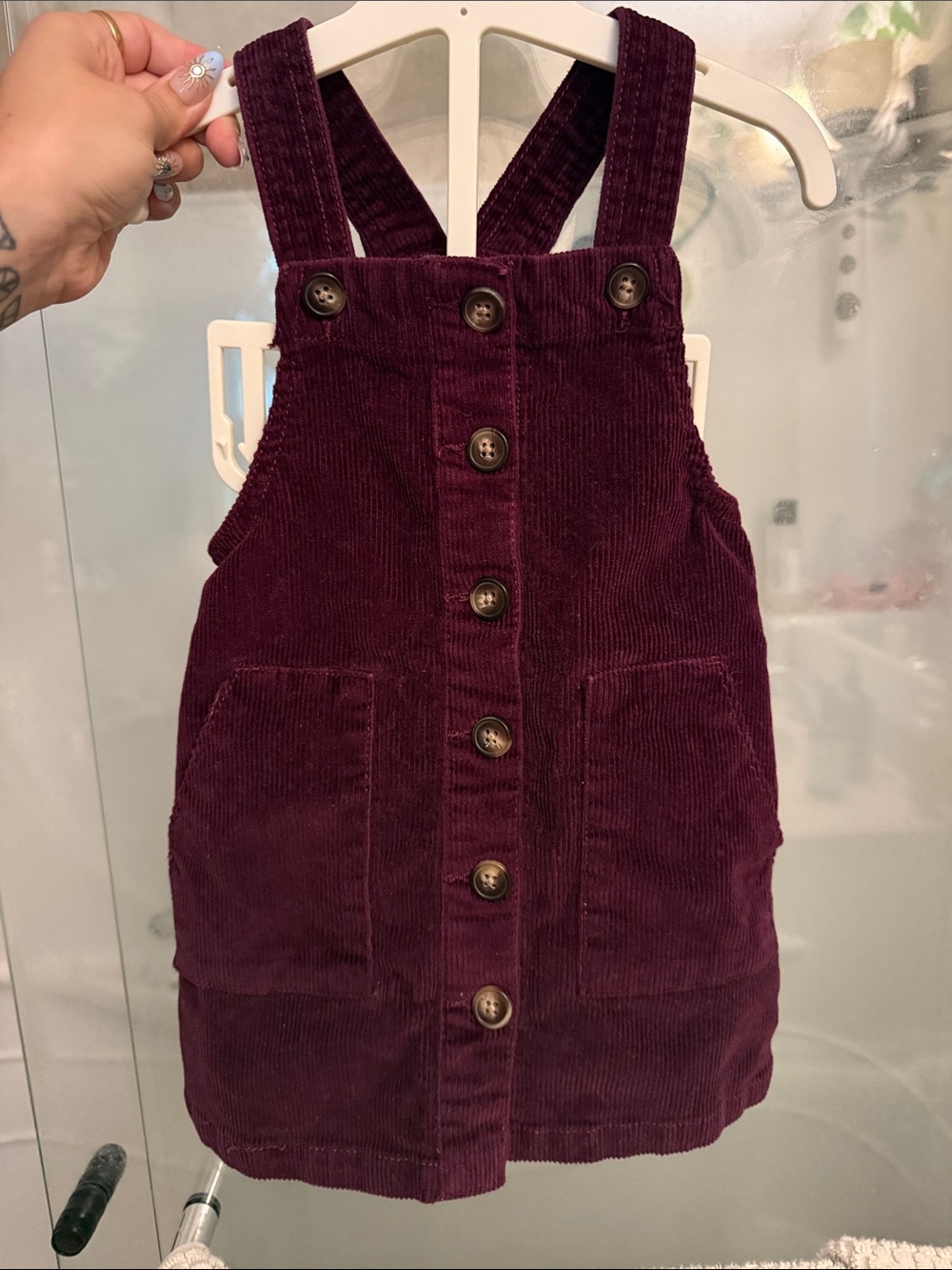 Girls Corduroy Button-Front Pinafore Dress in Deep Plum